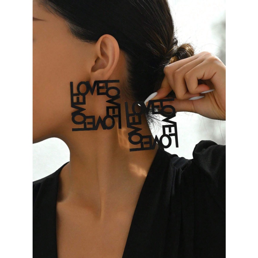 Black Love Statement Earrings Square Letter Drop Dangle Gothic Fashion Jewelry